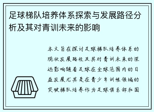 足球梯队培养体系探索与发展路径分析及其对青训未来的影响