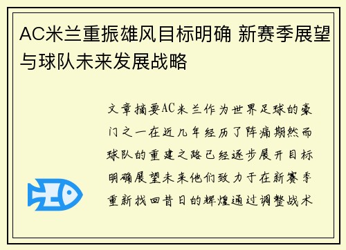 AC米兰重振雄风目标明确 新赛季展望与球队未来发展战略