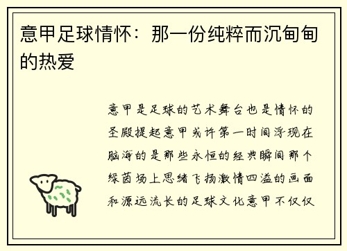 意甲足球情怀：那一份纯粹而沉甸甸的热爱