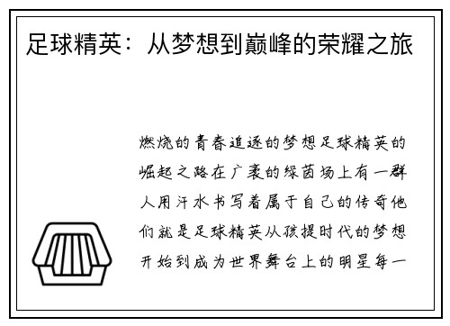足球精英：从梦想到巅峰的荣耀之旅
