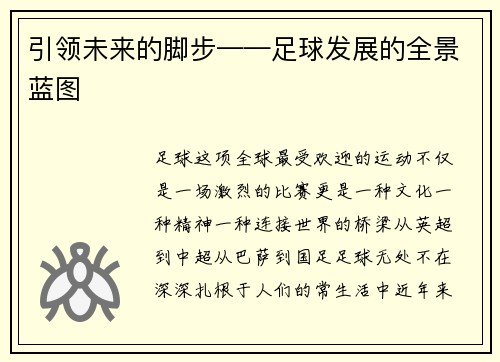 引领未来的脚步——足球发展的全景蓝图