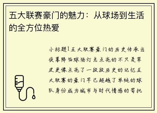 五大联赛豪门的魅力：从球场到生活的全方位热爱