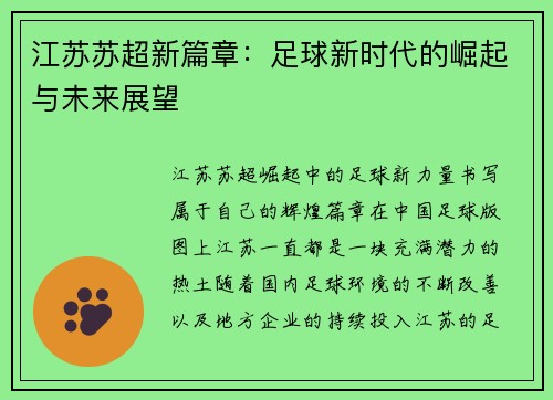 江苏苏超新篇章：足球新时代的崛起与未来展望