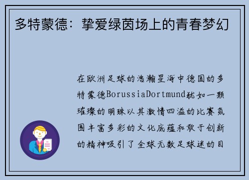 多特蒙德：挚爱绿茵场上的青春梦幻